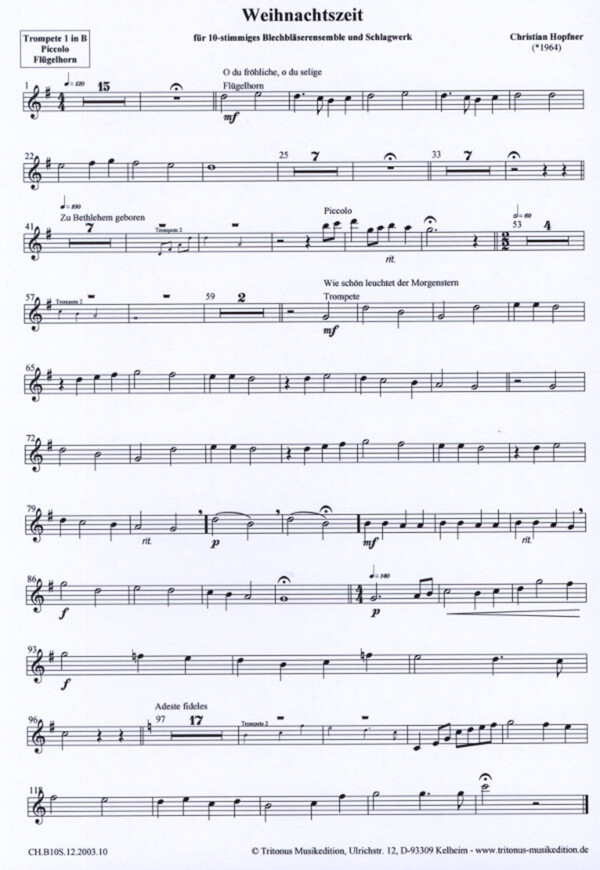 Hopfner Christian Weihnachtszeit Fur Brass Tentet Pauken Becken Triangel Blechblasersortiment Kobl