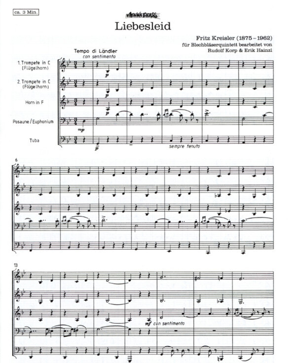 Kreisler Fritz Korp Hainzl Liebesleid Fur Brass Quintet Blechblasersortiment Kobl koebl