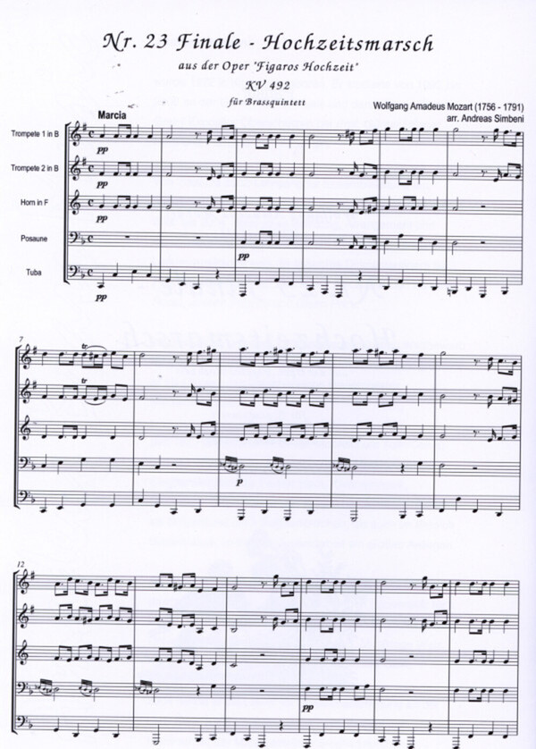 Mozart W A Simbeni Finale Nr 23 Hochzeitsmarsch Aus Oper Figaros Hochzeit Kv 492 Fur Brass Quintet Blechblasersortiment Kobl 