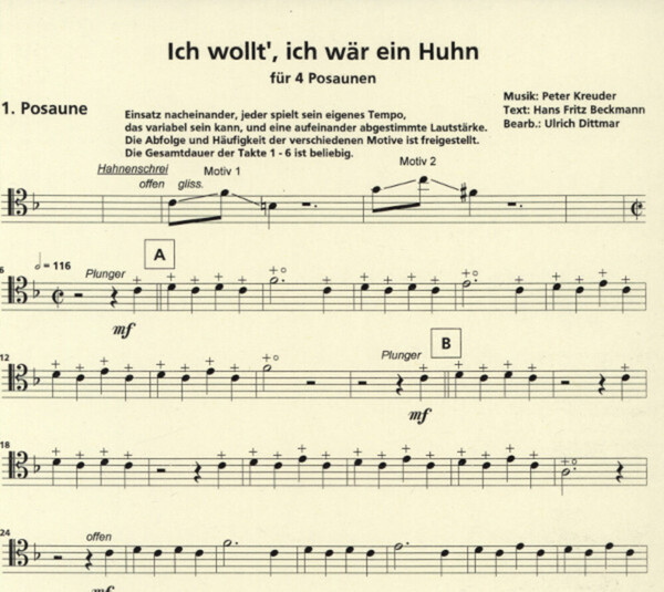 Ich Wollt Ich Wär Ein Huhn Text Kreuder, Peter - Ich wollt', ich wär ein Huhn für 4 Posaunen