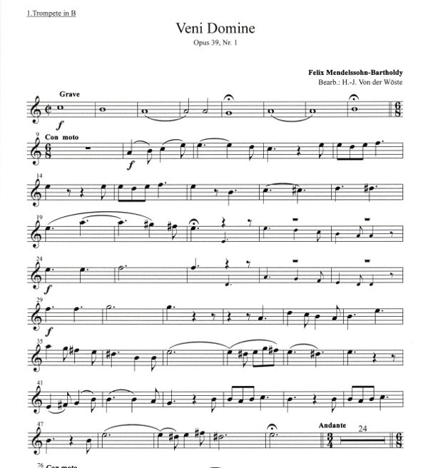 Mendelssohn Bartholdy Felix Von Der Woste Veni Domine Op 39 Nr 1 Fur 3 Trompeten Pauken Ad Lib Orgel Blechblasersortiment Kobl veni domine op 39 nr 1
